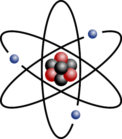 Ein Atommodell mit einem zentralen Kern aus sechs Protonen und Neutronen, umgeben von drei blauen Elektronen auf einer schwarzen Fläche.