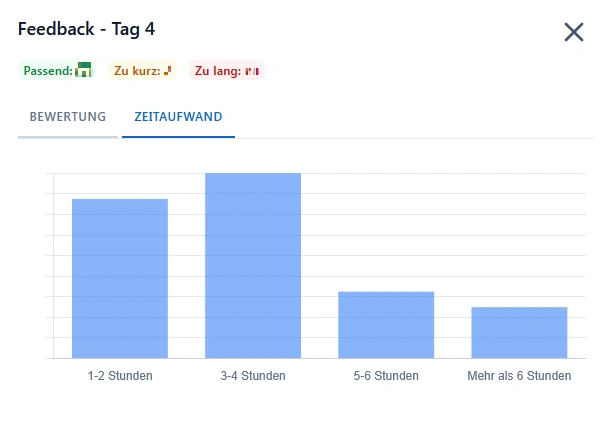 Balkendiagramm zum Zeitaufwand an Tag 4 mit den Kategorien 1-2 Stunden, 3-4 Stunden, 5-6 Stunden und Mehr als 6 Stunden.