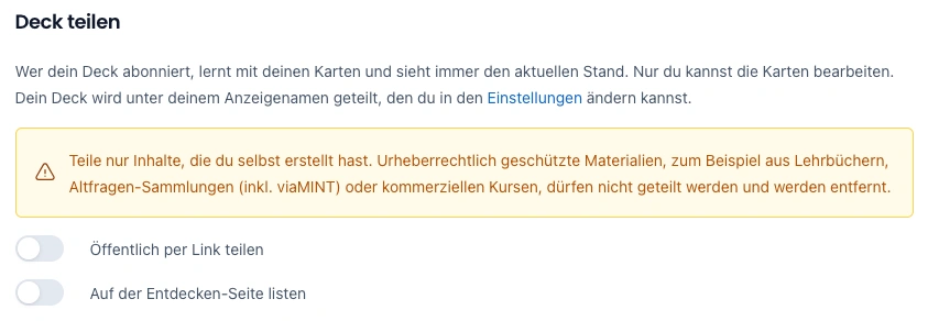 Dialogfeld zum Teilen von Lernkarten-Decks mit rechtlichem Hinweis zum Urheberrecht sowie Optionen zum öffentlichen Teilen per Link und Listen.