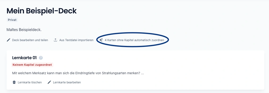 Übersicht eines Lernkartendecks mit einer hervorgehobenen Option zur automatischen Zuordnung von 4 unkategorisierten Lernkarten.