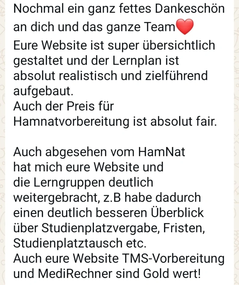 Ein Nutzerfeedback, das die Qualität der HAM-Nat-Vorbereitung, den Lernplan, die Website, den MediRechner und die TMS-Vorbereitung lobt.