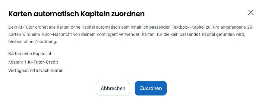 Dialogfenster zur automatischen Zuordnung von Karten zu Kapiteln durch einen KI-Tutor mit Kostenanzeige und Bestätigungsschaltflächen.