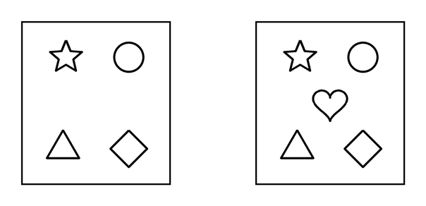 Zwei quadratische Felder mit geometrischen Symbolen, wobei das rechte Feld zusätzlich ein Herz in der Mitte enthält.