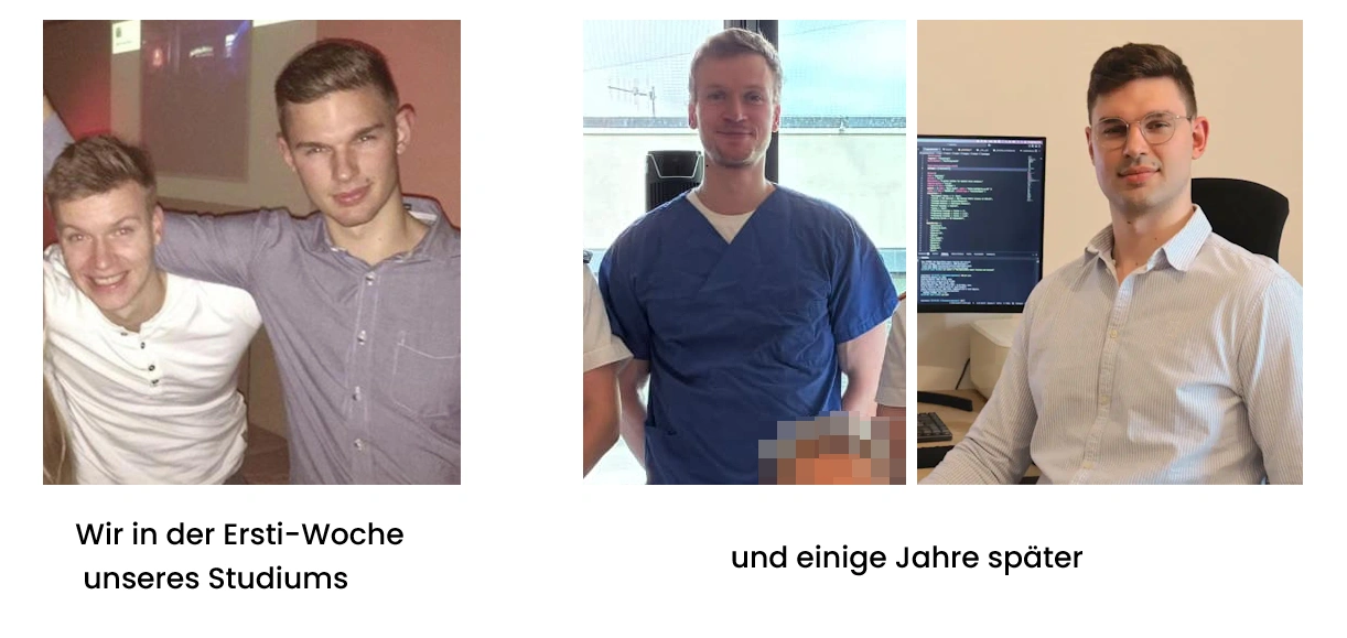Vergleichsfotos von zwei Studenten in der Ersti-Woche und einige Jahre später in medizinischer Berufskleidung und am Arbeitsplatz.