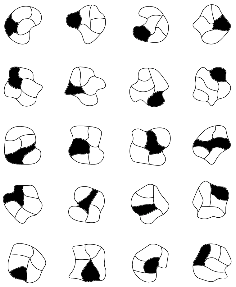 Ein Raster aus 20 unregelmäßigen, unterteilten Flächenformen, bei denen in jeder Form ein spezifisches Segment schwarz ausgefüllt ist.