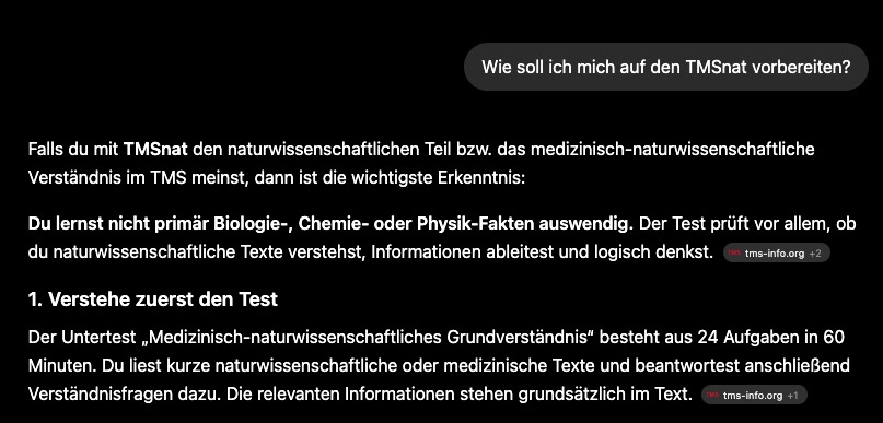 KI-Antwort zur Vorbereitung auf den TMSnat, die jedoch eine Antwort zum TMS-Untertest medizinisch-naturwissenschaftlichen Grundverständnis gibt.