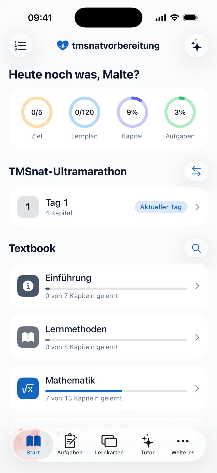 Der Startbildschirm der TMSnat App mit Lernfortschritt, Lernplan und Lehrbuch