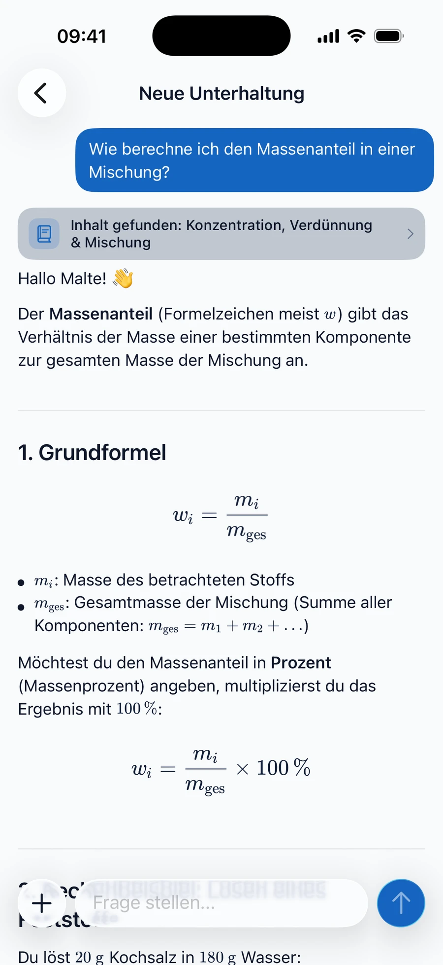 Der KI-Tutor erklärt den Massenanteil einer Mischung mit Formeln