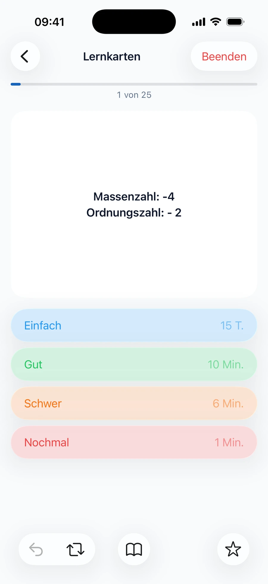 Eine aufgedeckte Lernkarte mit den Bewertungen Einfach, Gut, Schwer und Nochmal