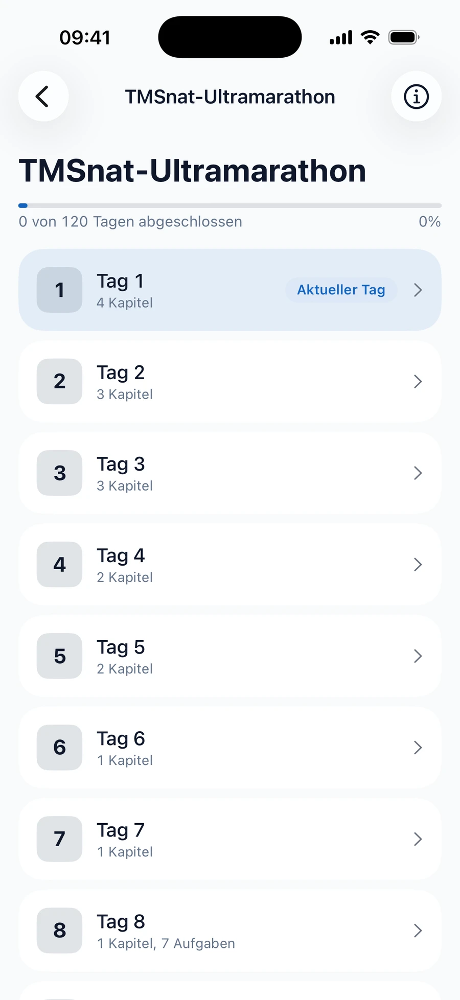 Der Lernplan TMSnat-Ultramarathon mit den einzelnen Lerntagen